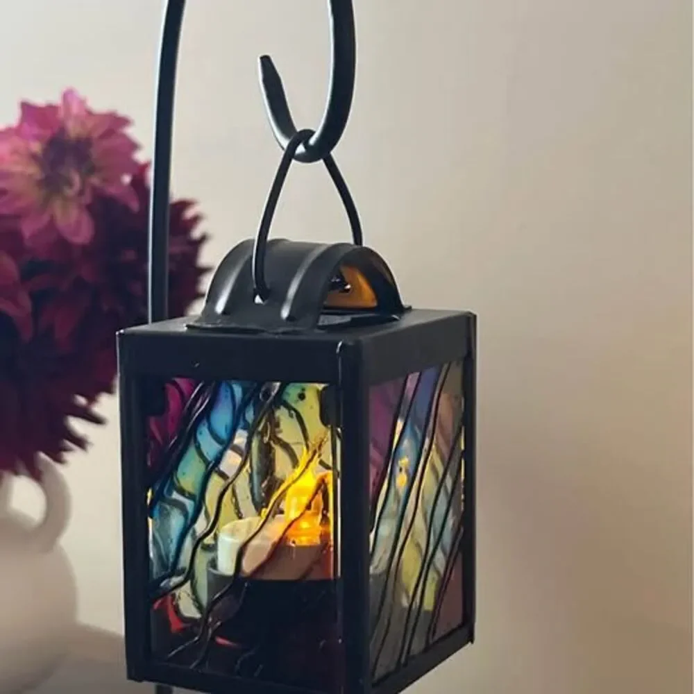 Set of 2 Stained Glass Style Hanging Lanterns with Black Metal Stands